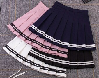 Bottom Striped Pleated Tennis Skirt / Perfect Gifts and Presents / Pink Navy Blue Dark Blue Black White