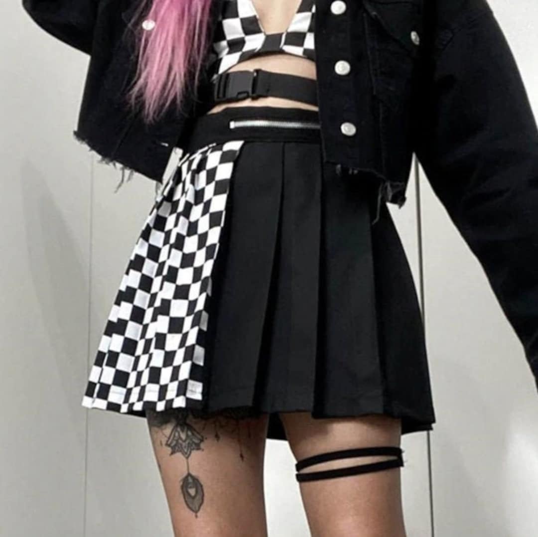 Half Checker Half Black Skirt Retro Vintage Trends Cute - Etsy