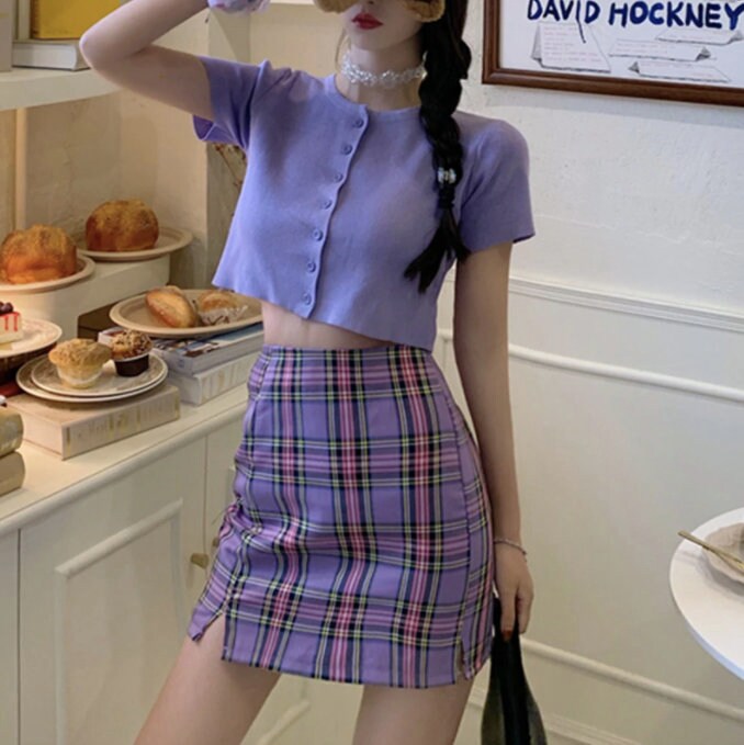 Purple Plaid Skirt Retro Vintage Trends Cute Aesthetic | Etsy