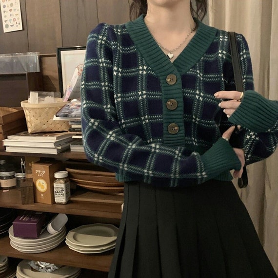LatestPick Green Blue Scottish Plaid Tartan Pattern Soft Knit Button Up Cardigan | Retro Vintage Trends | Cute Aesthetic Fashion | Y2k 2000s 90s Style