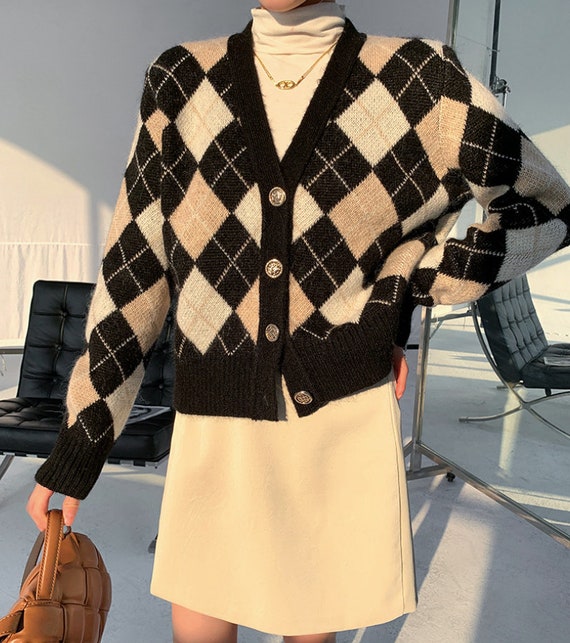 argyle pattern button up cardigan