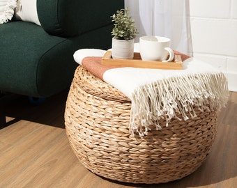 Storage Ottoman Round Coffee Table | Wicker | Eco-Friendly| Artisan Made| Boho Coastal