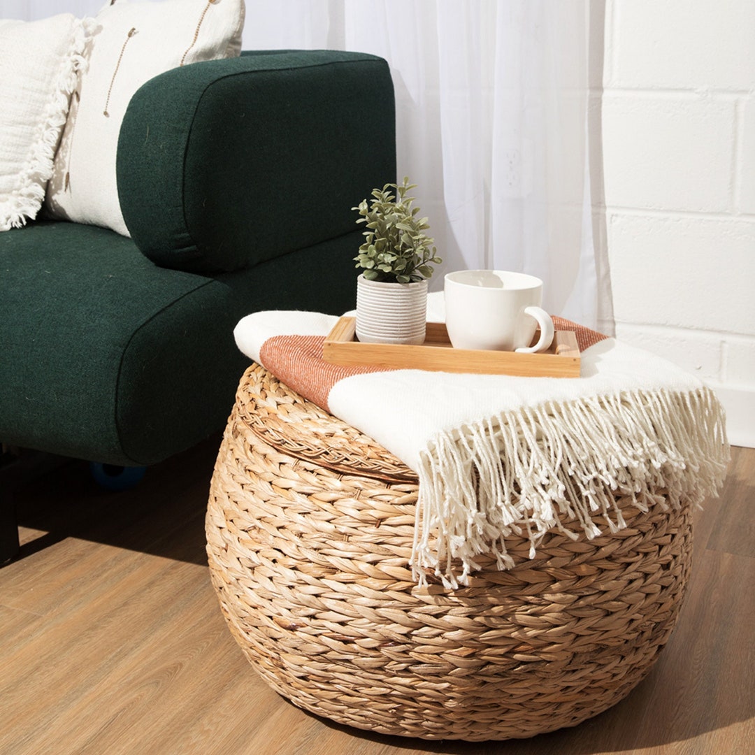 Handwoven Wicker Storage Ottoman: Round Coffee Table Footstool