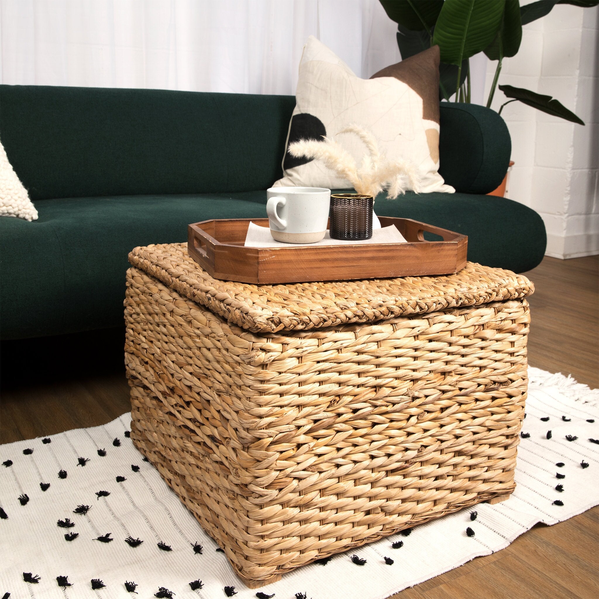 CPFurnitureStar Green Flower Small Foot Stool Storage Ottoman Tray Top  Coffee Table Upholstered Sofa Step Stool Modern Home Decor for Living Room