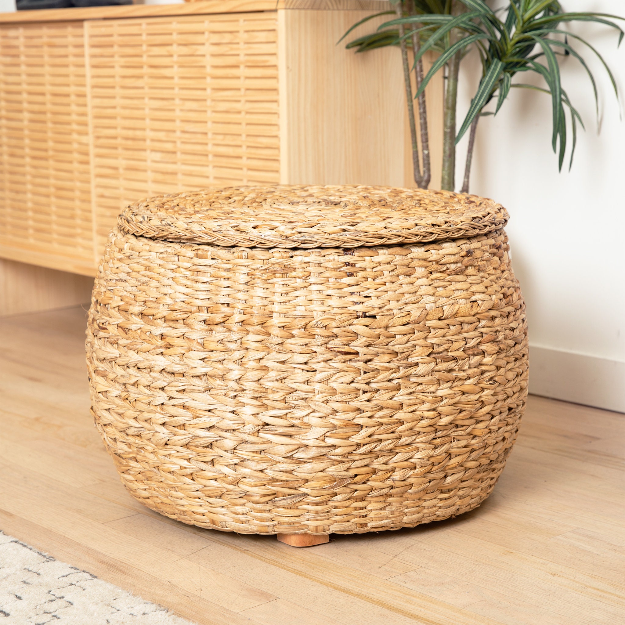 Storage Ottoman Round Coffee Table Wicker Pouf Side Table Footstool Organization Artisan Made Recycled Boho Farmhouse Mid Century Modern Etsy