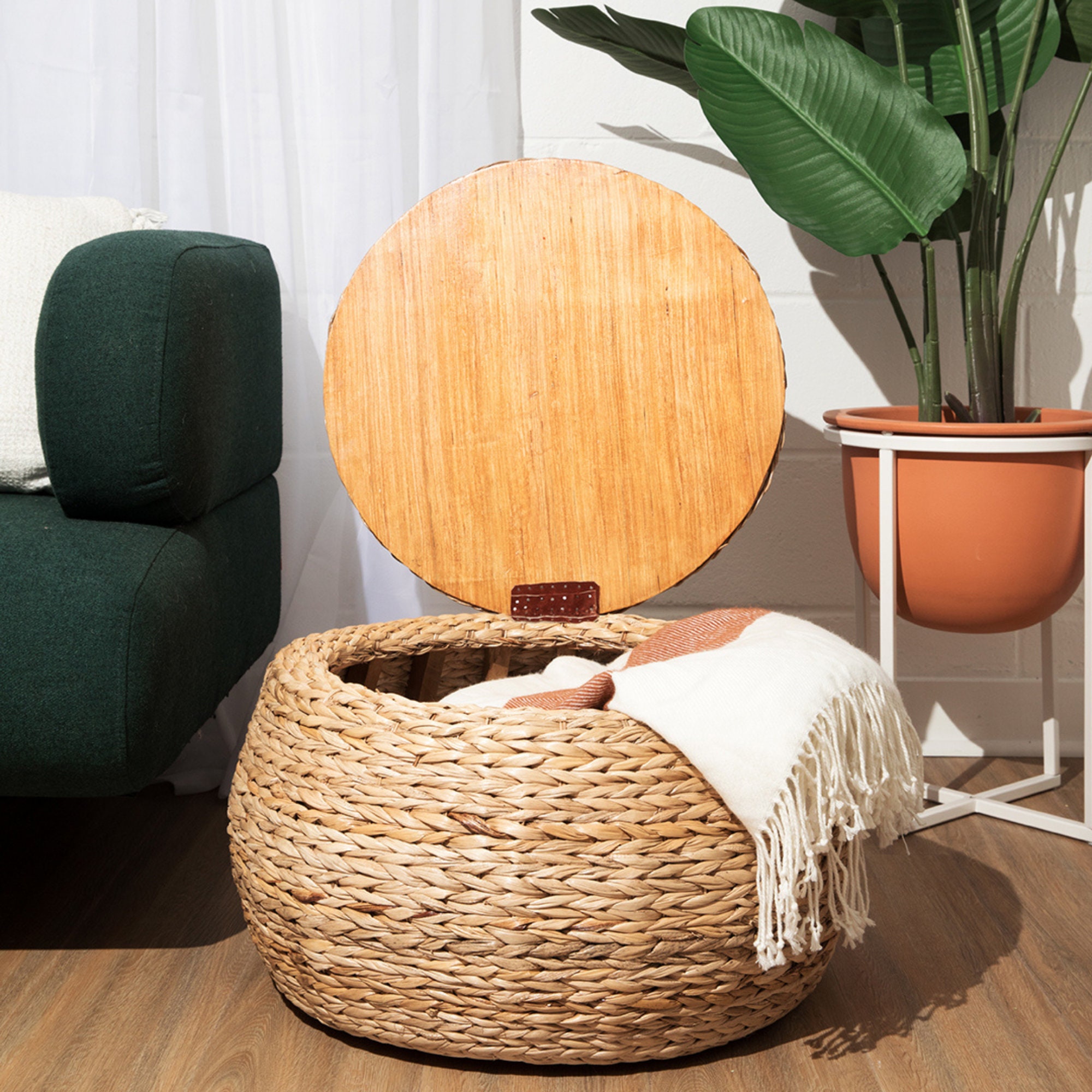 Storage Ottoman Round Coffee Table Wicker Eco friendly Artisan