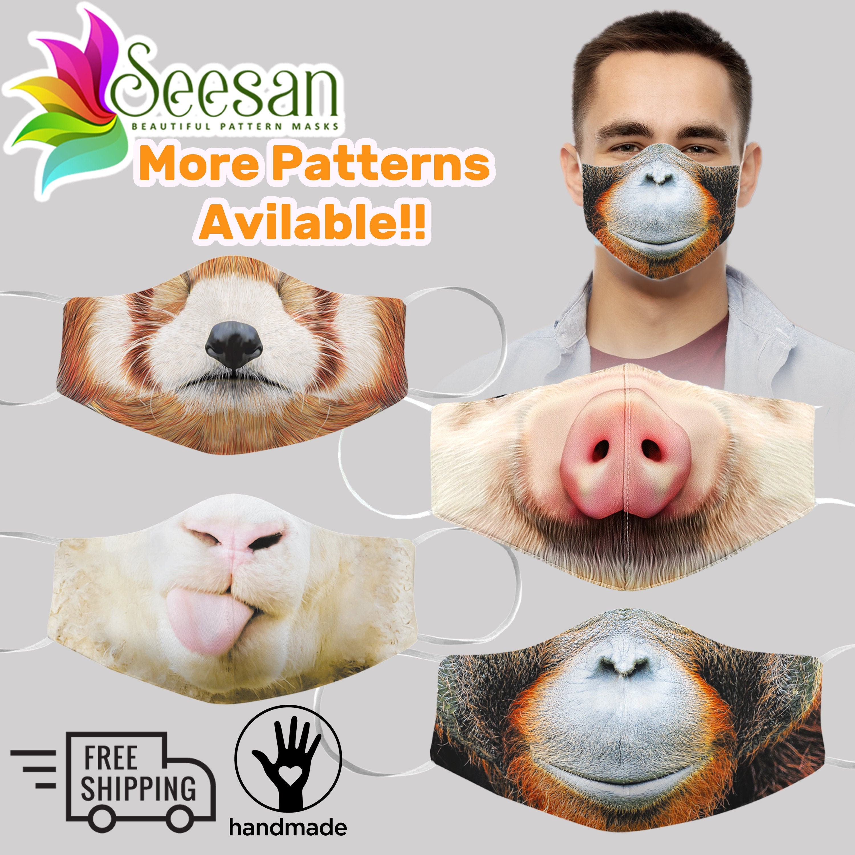 Zoo Animal Face Masks | Ships From USA | Adult & Child Pattern | Dog,…