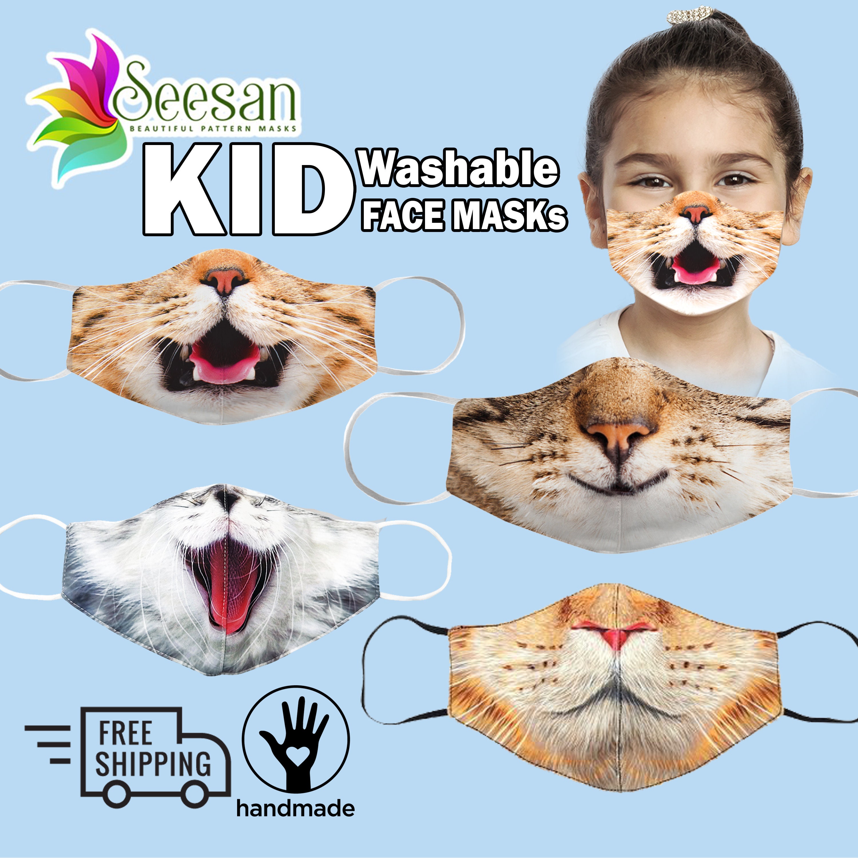 Kid's Cat Face Mask - Reusable/Washable Childrens Mask - Triple L…