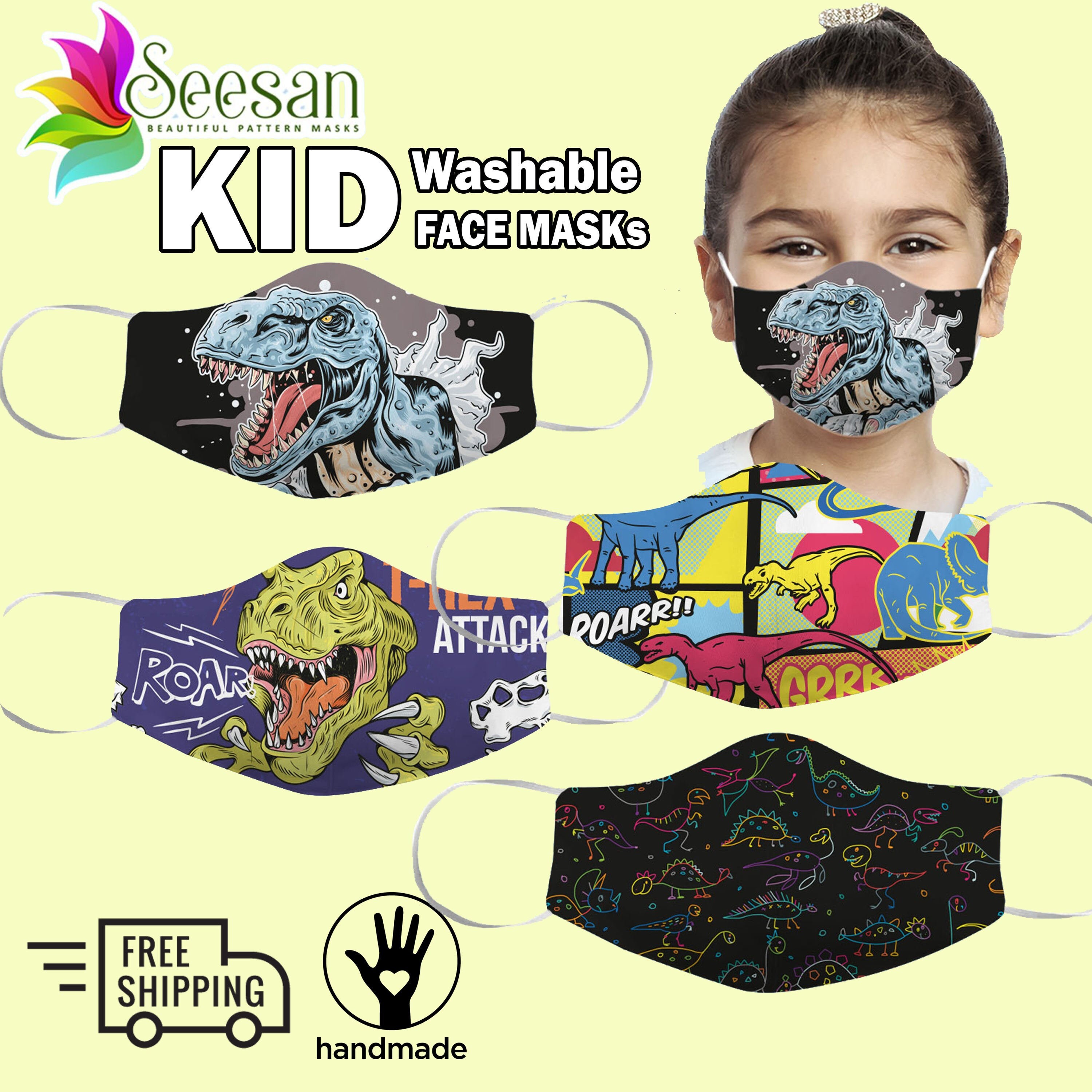 Kids Dinosaur Face Mask | Multiple Dinosaur Designs | Breathable 3-La…