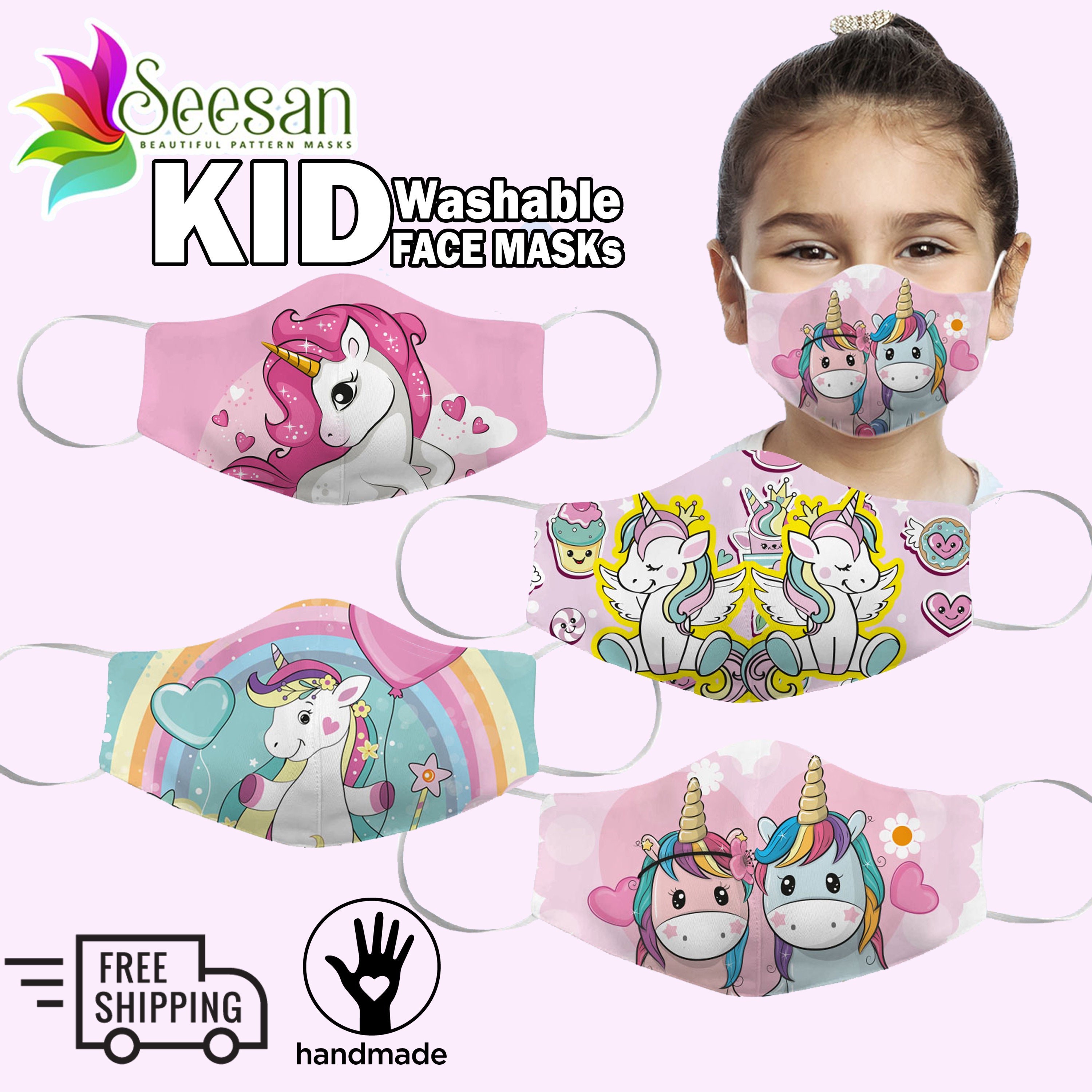 Kids Unicorn Kids Face | Pink Cotton Cloth Mask | Triple Layer | 2 FR…