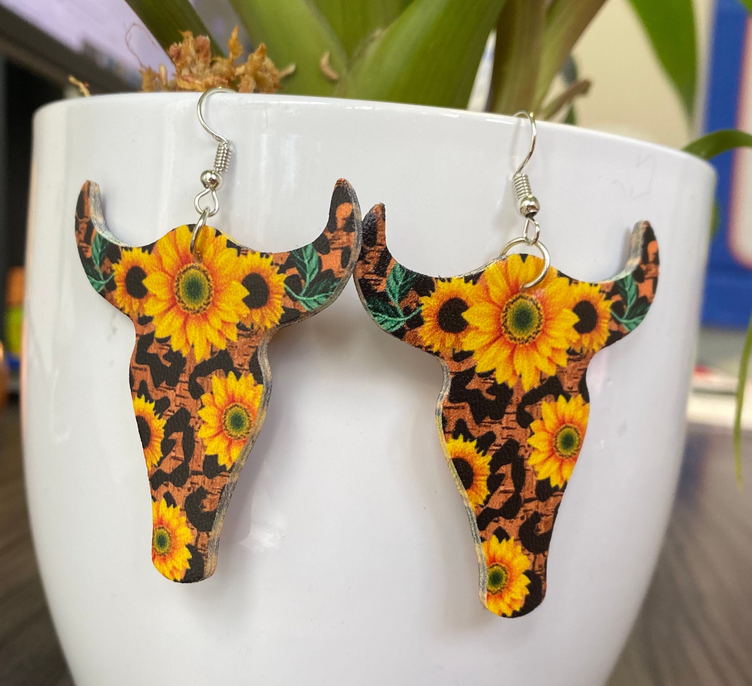 Cow Head Earrings Sunflower Leopard Earrings Faux Leather Etsy UK