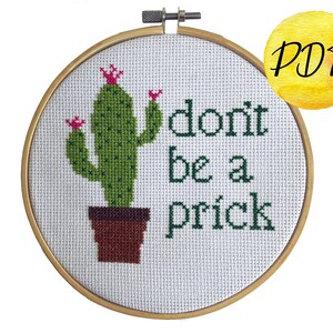 Può includere: Uno schema di punto croce con un cactus verde in un vaso marrone con il testo "don't be a prick" in verde.