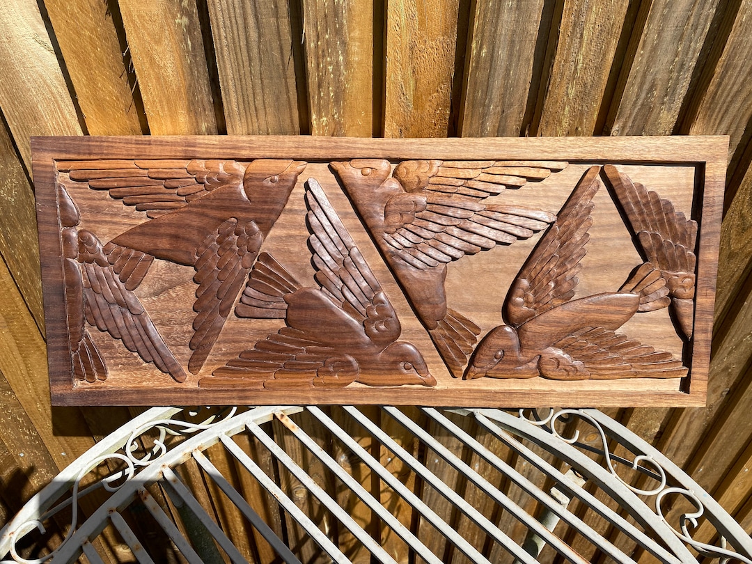 Hand Carved Art Deco Wall Panel of Flying Birds Carved in Black Walnut