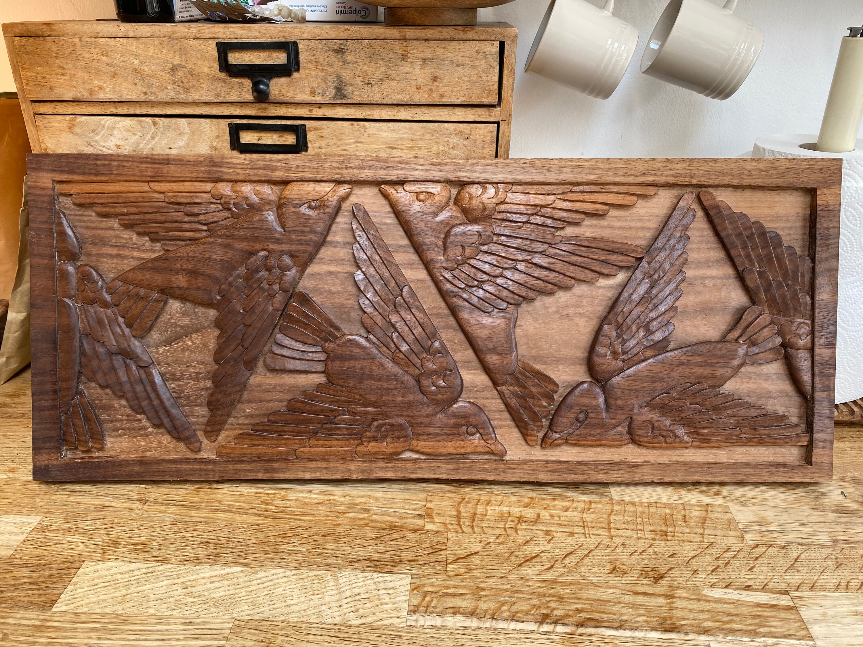 Hand Carved Art Deco Wall Panel of Flying Birds Carved in Black Walnut
