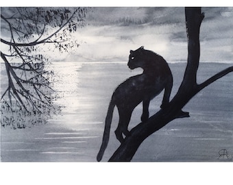 Puma Painting Original Watercolor Art Sunset Seascape Painting Mountain lion Black Panther Wall Art Wildlife Art Halloween Wall Decor 7by11"