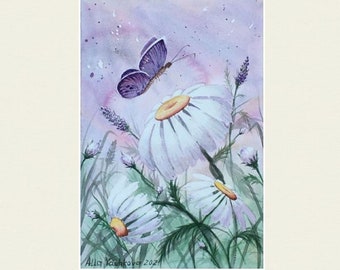 Wildflowers Painting Daisies Painting Original Watercolor Art Floral Artwork Flowers Wall Art Sunset Painting Landscape Painting 8x11