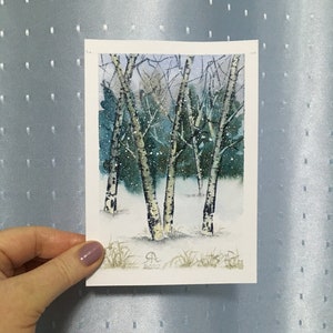 Birches Painting Watercolor Postcard Original Artwork Winter Landscape Vermont 5x4 inches