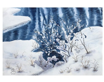 Melting Snow Painting Original Watercolor Artwork Snowy Landscape Springtime Painting Snow Thaw Art