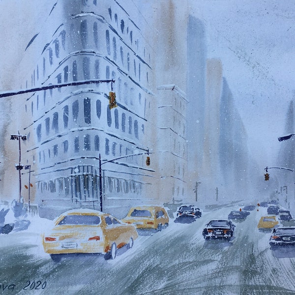 New York Painting Sityscape Original Art Watercolor Artwork Flatiron Building Art Yellow Taxi Wall Art NYC Winter Street Scene Art 10x15"