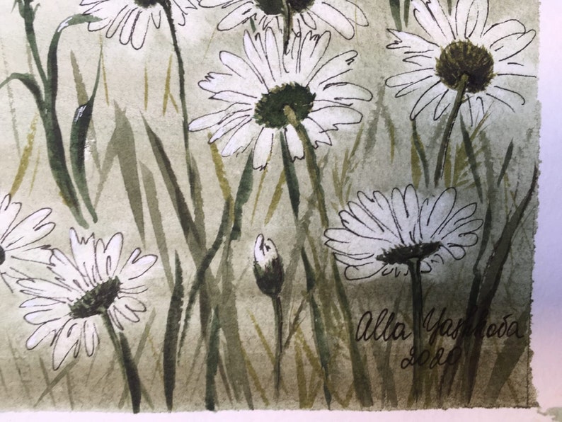 Wildflowers Painting Daisies Painting Original Watercolor Art Floral Artwork Flowers Wall Art Sunset Painting Landscape Painting 8x11