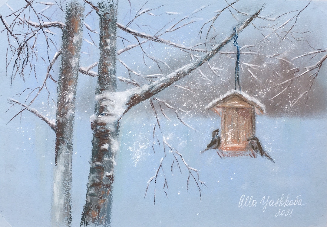 Bird Feeder Painting Original Art Pastel Birds Painting Winter Scene