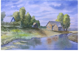Countryside Painting River Artwork Original Watercolor Art Russian Village Painting Summer Scenery Rural Landscape  8x11&quot;
