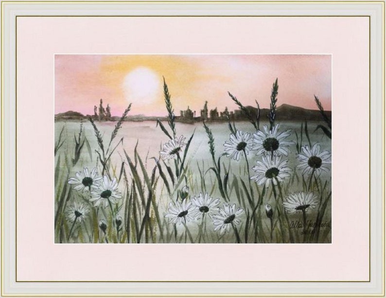 Wildflowers Painting Daisies Painting Original Watercolor Art Floral Artwork Flowers Wall Art Sunset Painting Landscape Painting 8x11