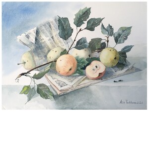 Apples Painting Original Art Newspaper Painting Apple Still Life Watercolor Art Fruits Wall Art Fruit Artwork Kitchen Wall Art 11x14&quot;