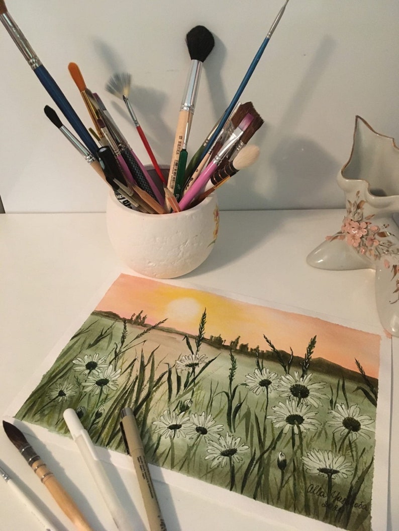 Wildflowers Painting Daisies Painting Original Watercolor Art Floral Artwork Flowers Wall Art Sunset Painting Landscape Painting 8x11