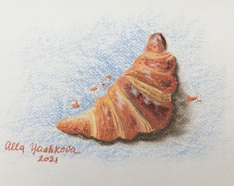 Croissant Painting Food Original Art Pastel Art Bakery Wall Art Kitchen Croissant Still Life Bread Artwork Breakfast Painting 8" by 11"