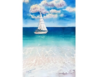 Sailboat Painting Maldives Art Original Watercolor Seascape Painting Sea Foam Art Yacht Painting