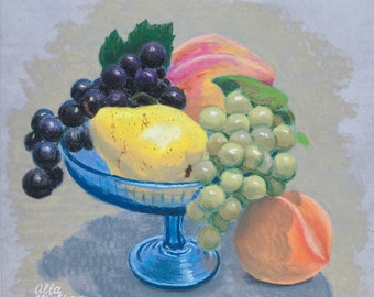Fruits Still Life Painting Vase Original Artwork Pastel Drawing Grape Art Peach Wall Art Pear