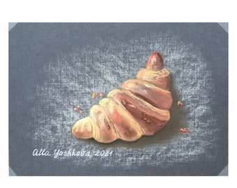 Croissant Painting Original Pastel Art Bakery Wall Art Food Illustration Kitchen Wall Art Still Life Coffee Room Artwork ByAllaYashk 8x11"