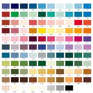 May include: A color chart featuring a grid of various paint swatches. The swatches display a wide range of colors, including blues, greens, reds, yellows, and browns, each with a unique numerical code. Ideal for interior design and color selection.