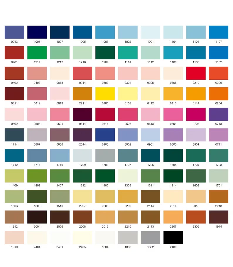 May include: A color chart featuring a grid of various paint swatches. The swatches display a wide range of colors, including blues, greens, reds, yellows, and browns, each with a unique numerical code. Ideal for interior design and color selection.
