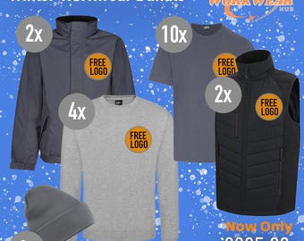 May include: A winter workwear bundle featuring a gray jacket, gray t-shirts, a black vest, a gray sweatshirt, and a gray beanie. Each item includes a "FREE LOGO" patch. The image includes the text "Winter Workwear Bundle" and "Now Only".