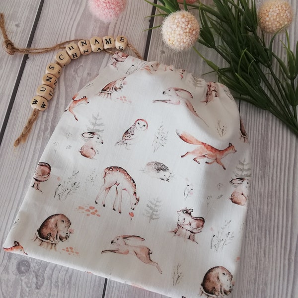 Geschenksäckchen Waldtiere Geschenktasche wiederverwendbar Tasche Fuchs Reh personalisiert
