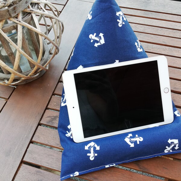 Tabletkissen Handykissen Sitzsack Tablet Handy I Pad  E-Book Bücher Stoff Maritim Anker Blau