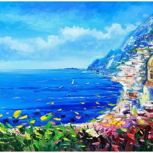 May include: A painting of a colorful Italian coastal town with a church building, blue ocean, and a bright blue sky with white clouds. The scene is viewed from a hillside with flowers in the foreground.