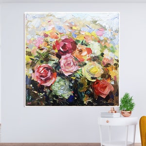 Hand-Painted Roses Oil Painting on Canvas: Abstract Floral Art