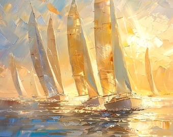 Morning Regatta Print – Abstract Sailboat Wall Art, Golden Ocean Painting, Segelboot Leinwand Druck
