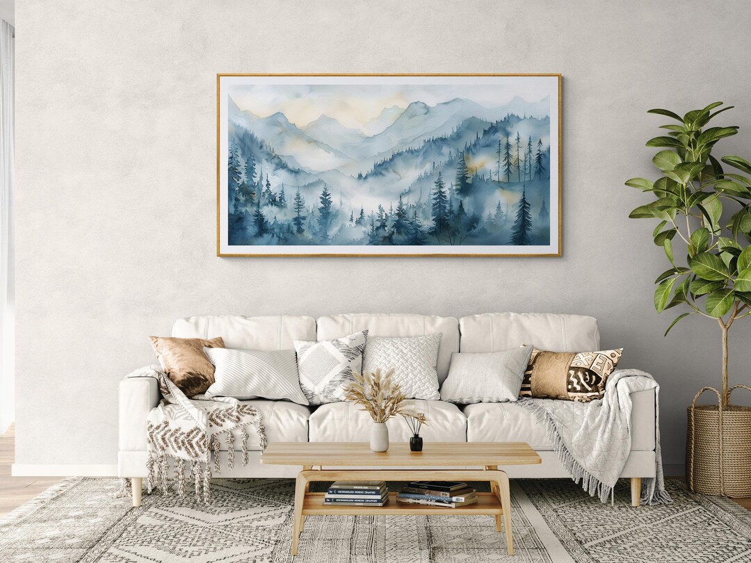 Forest Landscape Watercolor Wall Art – Misty Mountain Valley Canvas ...