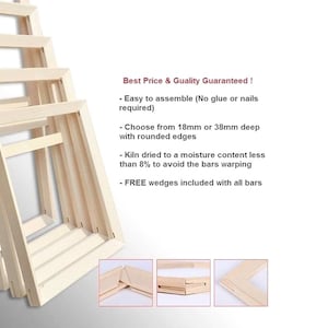 Könnte beinhalten: Mehrere montierte Holz-Leinwandrahmen sind vor einem weißen Hintergrund gestapelt. Der Text auf der rechten Seite lautet "Bester Preis & Qualität garantiert!" und beschreibt die Eigenschaften, wie einfache Montage und abgerundete Kanten.