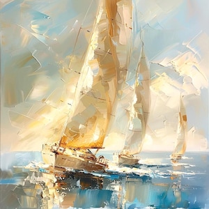 Puede incluir: Una pintura al óleo representa tres veleros en un día soleado. Los barcos tienen velas blancas sobre un cielo y agua azul claro. La obra de arte utiliza pinceladas gruesas para crear textura y movimiento.