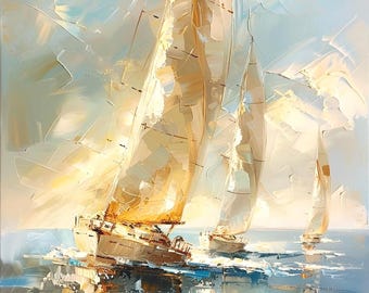May include: An oil painting depicts three sailboats on a bright, sunny day. The boats have white sails and are set against a light blue sky and water. The artwork uses thick brushstrokes to create texture and movement.