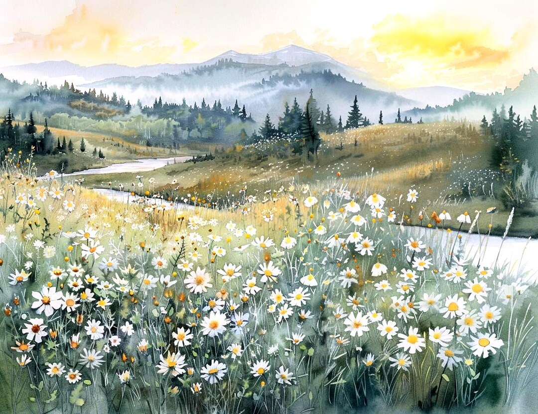 Mountain Meadow Watercolor Print – Floral Landscape Wall Art ...