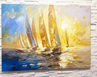 インパストヨット絵画：帆船レガッタ、海景油絵 - Etsy 日本