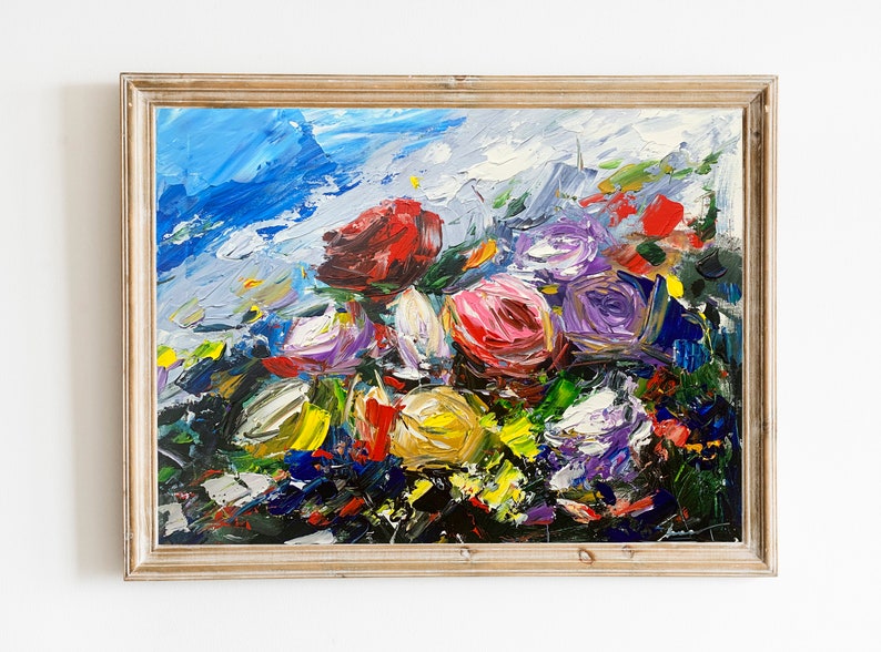 May include: A framed abstract oil painting featuring a colorful bouquet of flowers in shades of red, pink, purple, yellow, and white. The background is a blue and white abstract sky.