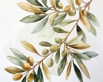 Watercolor Olive Branch Art – Mediterranean Botanical Wall Art Print