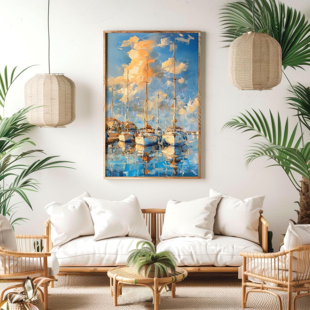 Yachts in Harbor Print – Abstract Marina Wall Art, Coastal Ocean ...